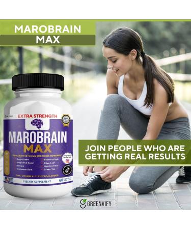 GREENVIFY MAROBRAIN MAX Extra Strength Brain Support Supplement 60 Capsules with Herbal Blend Vitamins A C D B-Complex DHA Grape Seed Bacopa (1) - Buy Online on GoSupps.com