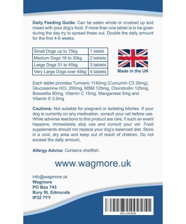 Wagmore Dog Hip & Joint Care Supplements | 120 Tablets with Glucosamine, Chondroitin, Turmeric & Vitamins | Supports Joint Health in Adult/Senior Dogs - Buy Online on GoSupps.com
