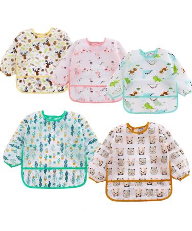 QinGuang 5pcs Long Sleeve Baby Bibs Painting Apron Slightly Waterproof Feeding Bibs for 6-36 Months