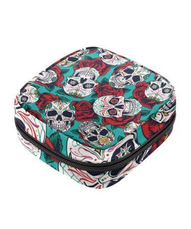 Guantierendiy Rose Flower Skull Sanitary Napkin Storage Bag Large Capacity Menstrual Cup Pouch Girls Travel Portable Small Makeup Sanitary Pads Organizer Color 1