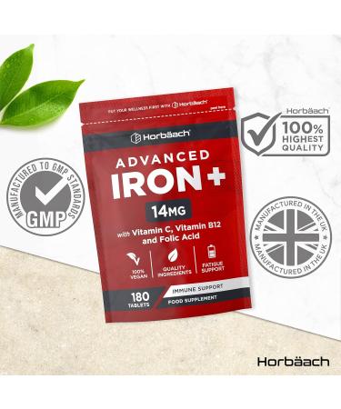 Iron Tablets High Strength | Iron Complex with Vitamin C Folic Acid & Vitamin B12 | Supplement for Men & Women | 180 Vegan Tablets | by Horbaach - Buy Online on GoSupps.com