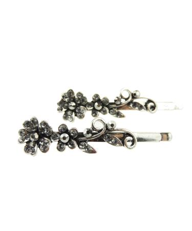 Womens Silver Tone Sparkly Bow Rhinestone Jeweled Crystal Diamante Party Birthday Christmas Bridal Wedding Slides Hairpin Hair Clips Grips Bobby Pins Set of 2 Flower Floral Grey