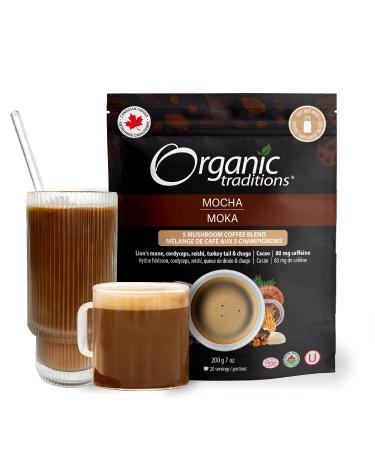 Organic Traditions Mocha Mushroom Coffee Instant 5-Blend Mushroom Coffee Organic Adaptogen Latte Made with Chaga Cordyceps Reishi Lion's Mane and Turkey Tail 200g/7oz Bag