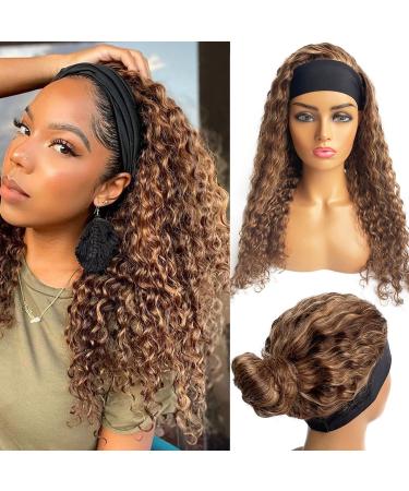 Curly Headband Wigs Human Hair Colored 4/27 Honey Blonde Highlights Deep Wave Real Remy Hair Half Wigs for Black Women Balayage Natural Hair None Lace Front Wig with Headband Attached 16 Inch 16 Inch 4P27-DW