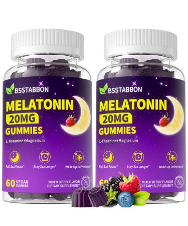 Natural Melatonin 20mg Gummies: Sugar Free Chewable Vegan Supplement with Magnesium Ashwagandha Zinc GABA Vitamin B12 Lemon Balm L-Theanine - Immune Deep Zzz for Adults Women Men(120Count) Mixed Berries 60 Count (Pack of 2)