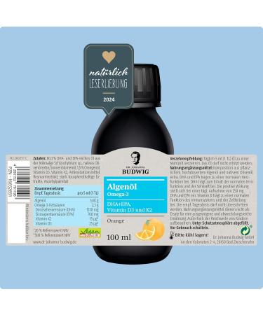 Dr. Budwig Omega 3 Algae Oil Vegan 100ml - High DHA & EPA Vitamin D3 & K2 Omega 3 for Kids - Natural Algae Oil Supplement - Buy Online on GoSupps.com