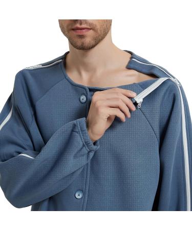 YOSINISO Bedridden Patient Clothing - Fleece Lined Double Zipper Cotton Disability Gowns for Post Surgery Elderly - Men's L Blue Set - Buy Online on GoSupps.com