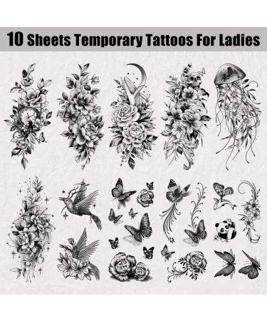 Large Black Flower & Butterfly Temporary Tattoos for Women - 10 Sheets - Buy Online on GoSupps.com