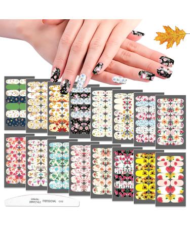 WOKOTO 16 Sheets Flowers Nail Polish Strips Stickers Self-Adhesive Full Nail Wraps for Women Daisy Rose Maple Leaf Flower Nail Stickers for Acrylic Nails with Nail File Stik On Nail Strips for Nails KIT1 flower 1