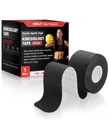 EVERLIT [Single] Pre-Cut Elastic Cotton Kinesiology Therapeutic Athletic Sports Tape, for Pain Relief and Support, 20 Precut 10” Strips (Black)