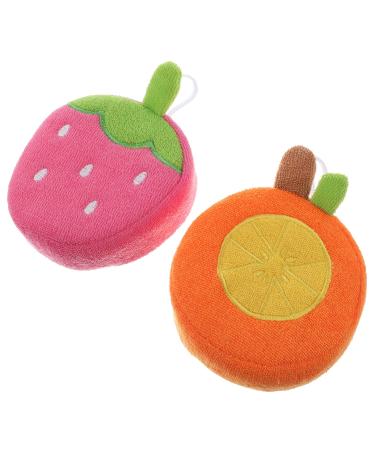 HEALLILY 2Pcs Baby Bath Sponges Cute Strawberry Orange Shape Body Scrubber Lotion Applicator Massage Brush Bath Body Exfoliating Sponge Dishwashing Sponge for Kids Bath Supplies 13x9.5cm