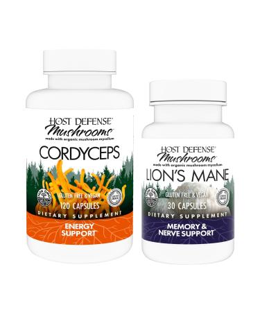 Host Defense Bundle with Cordyceps Capsules 120 Count & Lion's Mane Capsules 30 Count - Support Immune Health & Energy - Support Brain Health Memory & Focus*