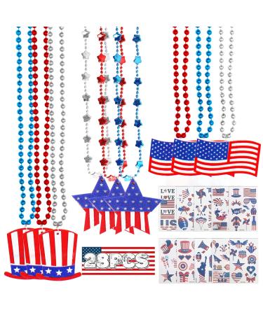 28 PCS 4th of July Accessories Party Favors  18PCS Patriotic Star Bead Necklaces+10 PCS Temporary Tattoos Stickers for Kids Adults July 4th/Fourth Party Favor Supplies Independence Day Decor Accessories 18PCS necklaces+1...