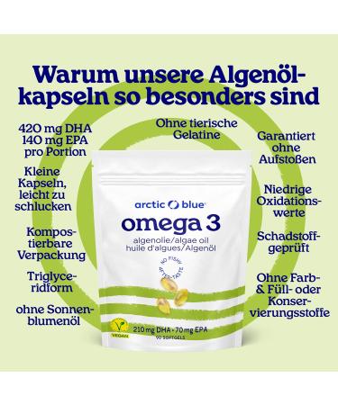  ARCTIC BLUE Premium Algae Oil Capsules with EPA and DHA High Dose & Easy to Swallow 90 Softgel Capsules Vegan Omega 3 in Triglyceride Form Arctic Blue - Buy Online on GoSupps.com