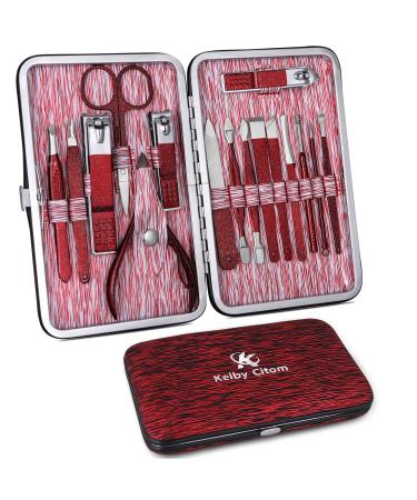 Manicure Set Professional Nail Clippers Kit -16Pcs Pedicure Care Tools Stainless Steel Women Grooming Kit for Travel or Home (Ruby Red.)
