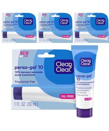 Clean & Clear PersaGel 10 Acne Medication Spot Treatment with Maximum Strength 10 Benzoyl Peroxide Topical Pimple Cream Acne Gel medication for Face Acne with Benzoyl Peroxide, 4 Count 1 Ounce (Pack of 4)