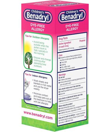 Children's Benadryl Dye-Free Allergy Liquid - Diphenhydramine HCl, Bubble Gum Flavor - 4 fl. oz - Pack of 1 - Buy Online on GoSupps.com