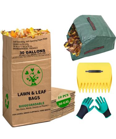 AimGrowth 30 Gallon Heavy Duty Brown Paper Lawn and Leaf Bags with 22 GAL Dustpan-Type Bag and Leaf Scoops| 2-Ply Large Kraft Paper Bags (10 Count) | Tear Resistant Yard Waste Bag for Home and Garden - Buy Online on GoSupps.com