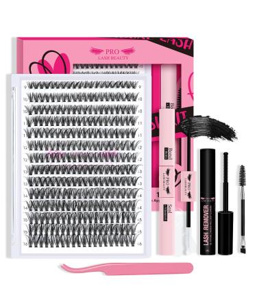 DIY eyelash extension kit individual eyelashes kit with 280 PCs cluster eyelash binding and seal eyelash applianter eyelash brush for beginners (40d-9-16mix kit) 9-16 MIX 40D-D kit (g)