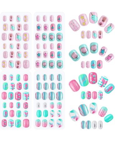 96 Pieces Children Girls Press on Nails False Cartoon Pre-Glue Fake Nails Kids Full Cover Colorful Nail Tips Short Glitter Gradient Fake Nails for Kids Girls DIY Nail 4 Boxes (Ocean Series)