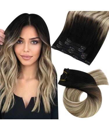 Moresoo clip in extensions real hair cheap black hair extreme real hair clips black to brown with medium blonde extensions real hair clip 25cm #1b/6/22 7PCs 80g 25 cm #1b/6/22