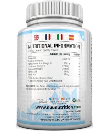 Flaxseed Oil 1000mg Vegan - 180 Cold Pressed Vegan Softgel Capsules - Rich in Omega 3 6 9-3 Month Supply - Made in The UK by Nu U Nutrition - Buy Online on GoSupps.com