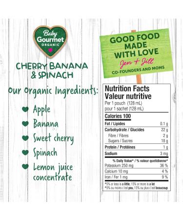 Baby Gourmet Organic Puree Baby Food Pouches - Cherry Banana & Spinach - No Added Sugar Or Salt Non GMO No Fillers Gluten Free Kosher (128ml) 12 Pack - Buy Online on GoSupps.com