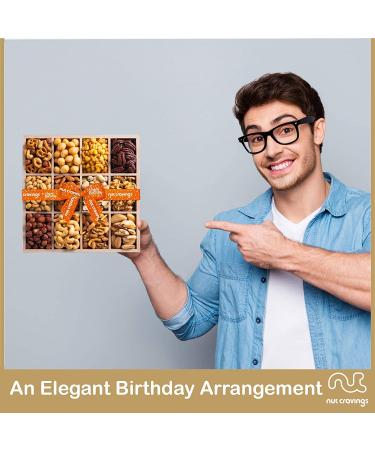 Happy Birthday Gourmet Nuts Gift Basket in Wooden Tray | 12 Assortments, Kosher Snacks for Men, Women | Healthy Care Package with Orange Ribbon - Buy Online on GoSupps.com