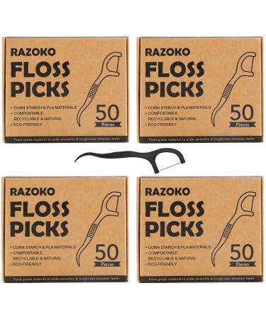 Natural Dental Floss Picks High Toughness Charcoal Toothpicks Sticks-Vegan,Eco-Friendly Sustainable Flossers for Teeth Cleaning (200 Count) Charcoal 50 Count (Pack of 4)