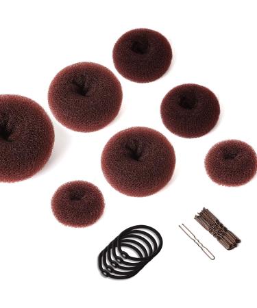 Hair Bun Maker Set 7 Pieces - Ring Style Donut Hair Bun Maker with 5 Elastic Hair Ties 20 Hair Pins for Chignon Hairstyles Hair Bun Shaper set for Kids Girls Women (Brown)