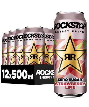 Rockstar Energy Drink Strawberry Lime Zero Sugar - caffeinated soft drink without sugar for energy kick disposable (12 x 500ml)