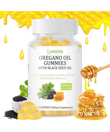 6000mg Oregano + 2000mg Black Seed Oil | Aceite de or gano Gummies | 4X Strength Carvacrol & Thymoquinone | Supports Immune and Gut Health | Non-GMO, Natural Honey Flavor Honey 60 Count (Pack of 1)