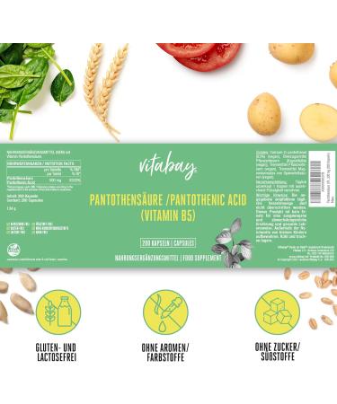 Vitabay Vitamin B5 Pantothenic Acid 500 mg - 200 Vegan Capsules for Optimal Health - High-Dose Panthenol Supplement - Buy Online on GoSupps.com