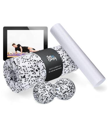 Jung & Durtig Original 2in1 fascia rolls set with eBook training |Duoball 12 cm white including exercises2in1 massage roller set |Foam roller for spine neck & legs for self -massage white including twinball 12cm