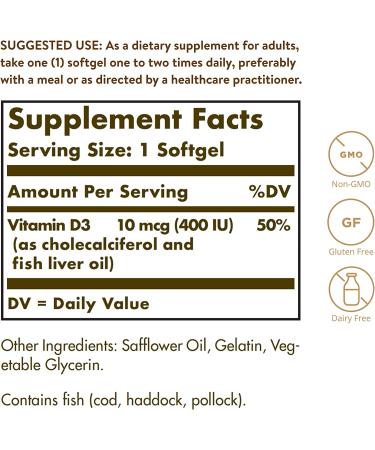 Solgar Vitamin D3 10 mcg (400 IU) - 250 Softgels | Immune Support & Bone Health - Buy Online on GoSupps.com