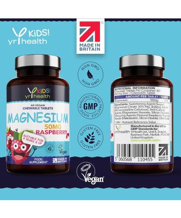 Kids Magnesium Tablets for Sleep & Anxiety 50mg - Chewable Raspberry Flavour - Vegan Society Registered - 2 Months Supply - Made in the UK - Buy Online on GoSupps.com