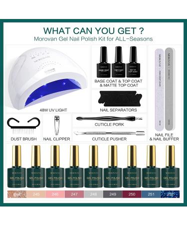 Morovan Gel Nail Polish Kit with 9 Glitter Colors and 48W LED Nail Lamp - DIY Salon Quality Nude Pink and Blue Gel Nail Polish Set with UV Light - Perfect for Any Season - Buy Online on GoSupps.com