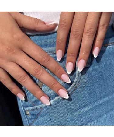 JUSTOTRY 24 Pcs Short False Nails Oval White French Press on Nails Pattern Nude Fake Nails Short with Nail Glue Almond Stick on Nails for Women Nails Fake Nail Medium for Nails Art white& nude2