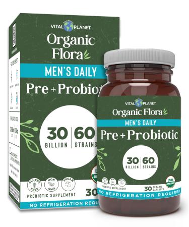 Vital Planet - Organic Flora Probiotics for Men Men's Daily Shelf Stable Probiotic 30 Billion CFU 60 Diverse Strains Prebiotic Organic Mushroom Blend Immune and Digestive Health 30 Capsules