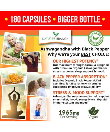 Organic Ashwagandha with Black Pepper - 180 Capsules - 1950mg Maximum Strength | Stress, Mood & Thyroid Support | Energy & Hair Health | Vegan Supplement - Buy Online on GoSupps.com