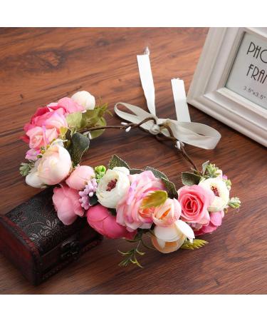 AWAYTR Flower Headband - Pink & Peach Pink Wedding Hair Wreath Crown for Women & Girls - Perfect for Wedding Parties - Buy Online on GoSupps.com