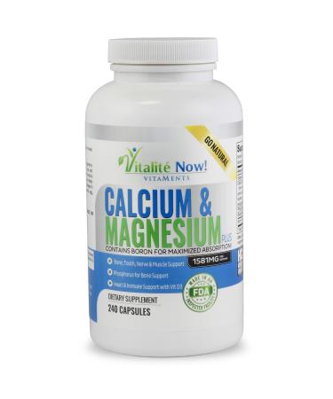 Best Calcium & Magnesium + Vitamin D3 400 IU - Highly Absorbable with Boron - 10 Forms of Calcium + Phosphorus for Bone Strength - All Natural - 240 Capsules - 2 Month Supply!