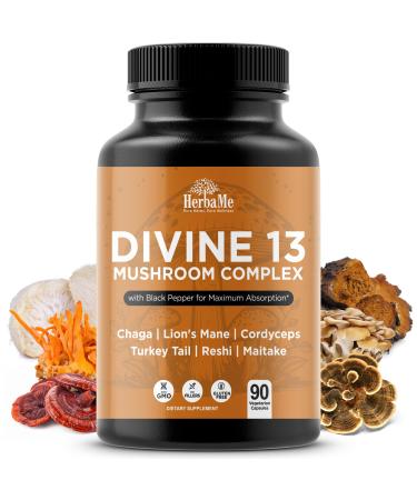 HerbaMe Mushroom Extract Complex with Black Pepper Lion's Mane Cordyceps Turkey Tail Chaga Shiitake Maitake Nootropic Brain Supplements for Memory and Focus Immune System Support 90 Capsules