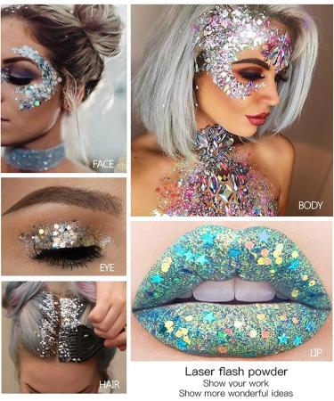 16 Color Sequins Glitter Gel - Long Lasting Festival Makeup for Women - Silver Chunky Glitter for Body, Face, Hair, Eyes - Easy to Apply & Clean - Buy Online on GoSupps.com