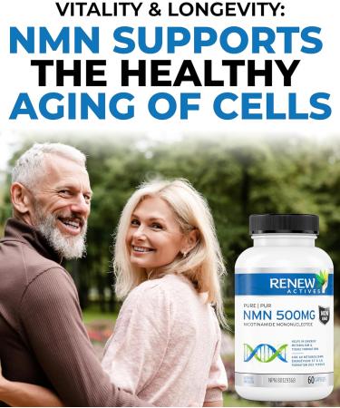 Renew Actives NMN 500MG Supplement - Highest Potency Available. Cellular Health Boosts NAD+ Promotes Longevity Energy Metabolism & Tissue Formation - 60 Capsules - Made in Canada - Buy Online on GoSupps.com