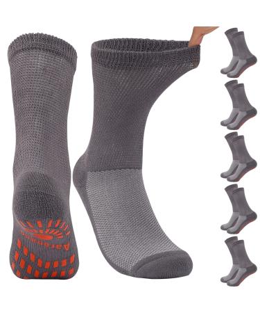 Aaronano 5 Pairs Bamboo Diabetic Socks with Grip Non-Binding Hospital Non Slip Crew Socks Men Women (Grey M) Gray (With Grips) Medium