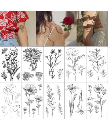 Esland Realistic Line Art Flowers Temporary Tattoos 10 Pieces Small Removable Botanical Leaf Tattoo Stickers for Women