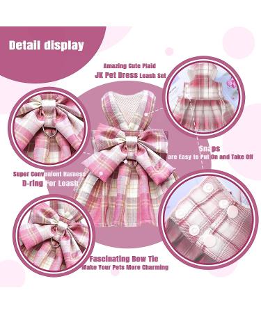 PETCARE Plaid Dog Dress Bow Tie Harness Leash Set | Small Dogs & Cats | Princess Puppy Outfit | Chihuahua Yorkies | Spring Summer Clothes | Pink (Suggested 3-5 lbs) - Buy Online on GoSupps.com