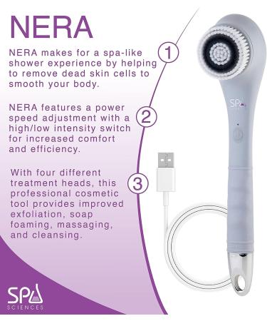 Spa Sciences NERA Shower Body Brush - 4-in-1 Multifunction Treatment for Exfoliation, Cleansing, Massaging - Includes Body Brush, Loofah, Pumice Stone, Massage Head - All Skin Types - Buy Online on GoSupps.com