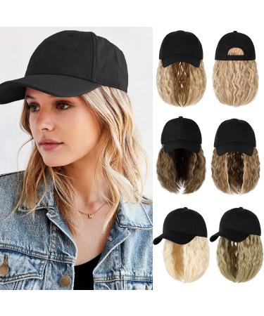 Qlenkay Baseball Cap Hair with 14 inch Wave Curly Bob Hairstyle Adjustable Wig Hat Attached Short Extensions Synthetic for Women Ginger Blonde Mix Bleach Blonde 14'' Wavy-Ginger Blonde Mix Bleach Blonde